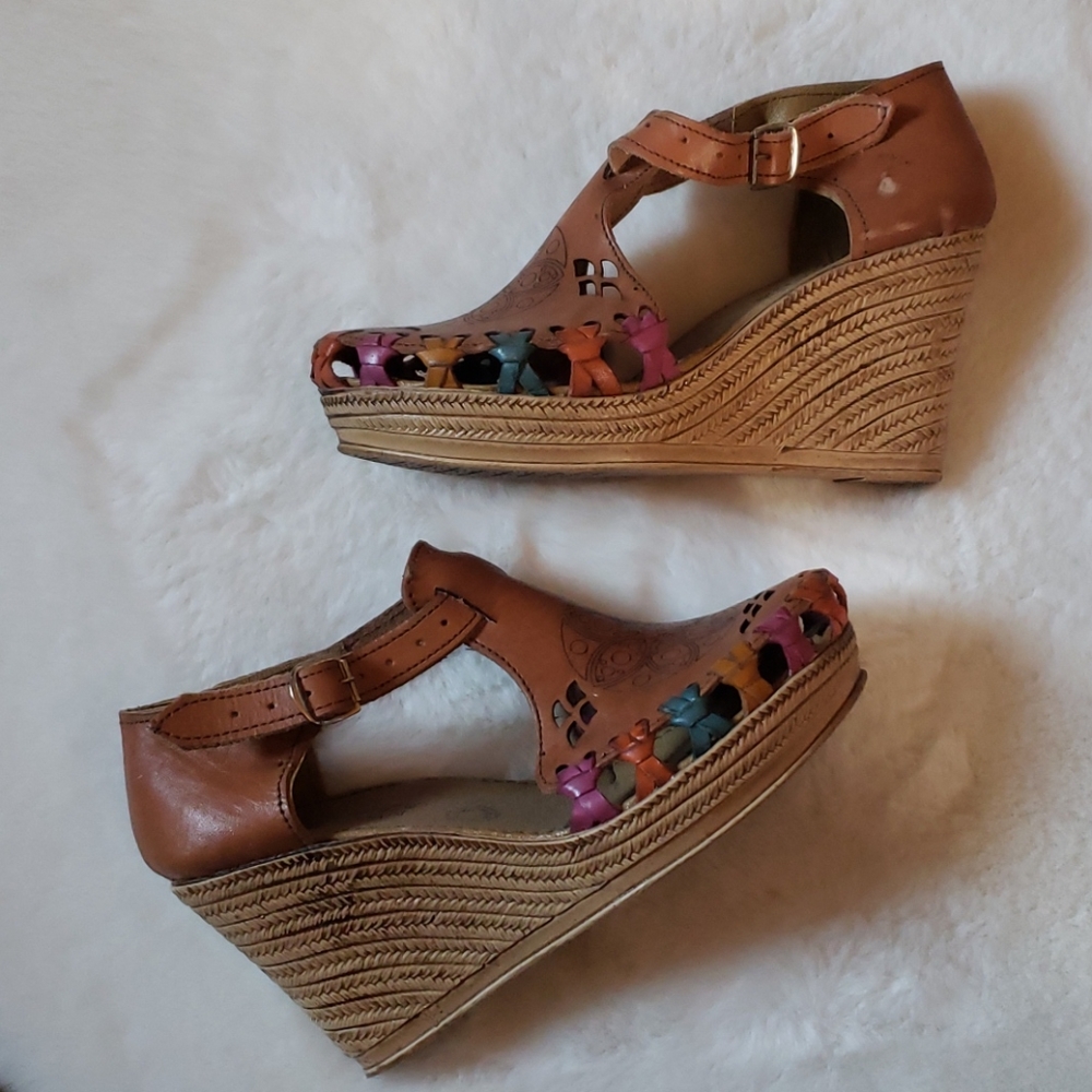 Mexican wedge leather multi-colored sandal - Picture 1 of 11